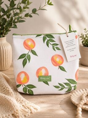 Thirty-One Retired Peach  Peach Floral Canvas Cosmetic Pouch in White and Green
